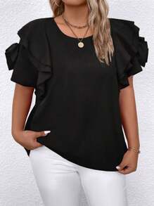 SHEIN Clasi Plus Size Women's Solid Color Simple Daily Short Sleeve Shirt - Black - View 3