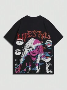 ROMWE MEN Men's Anime Printed Short Sleeve T-Shirt Suitable For Daily Wear In Spring And Summer, School - Black - View 1