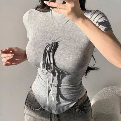 여성용 여름용 단색 반하이 칼라 드로스트링 반소매 티셔츠