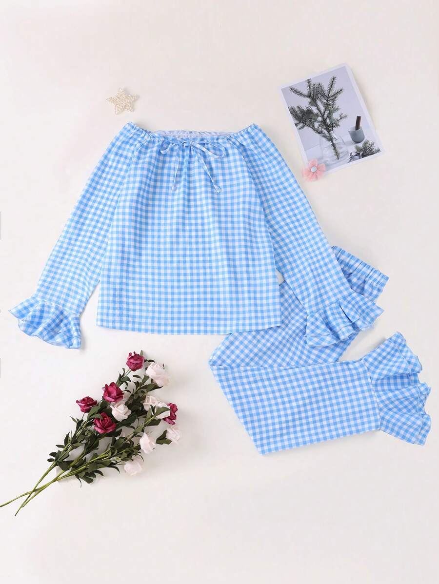 2 Stücke elegantes kariertes Rüschen Bluse und Hosen Set als lässige Loungewear für Teen Mädchen - Verschiedenfarbig - Übersicht 1