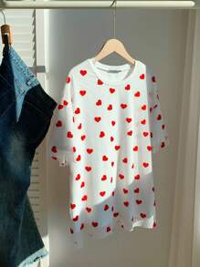 Comfortcana Women's Summer Heart Printed Round Neck Drop Shoulder Loose Casual T-Shirt - Red and White - View 5