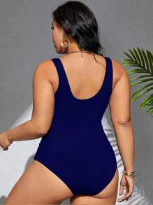 SHEIN Swim Curve Plus Size Summer Beach Color Block Striped Patchwork Ruched One Piece Swimsuit - Navy Blue - View 2