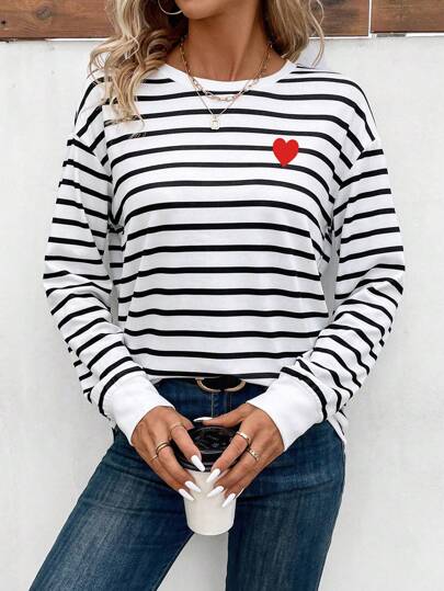 SHEIN LUNE 女式春夏条纹心形印花圆领休闲落肩袖T恤图案T恤女式上衣秋季女装
