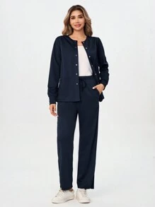 TaskEZ 女式护士制服手术服套装蓝色长袖门禁夹克和松紧腰长裤 - 藏蓝色 - 查看 3