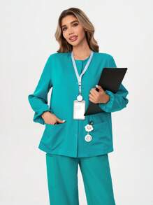 TaskEZ Women Scrubs Relaxed Fit 2-Pocket Snap-Front Scrub Jacket For Women Women's Spring And Autumn Solid Color Lantern Sleeve Double Pocket  Workwear Jacket Scrubs Uniform - Mint Green - View 8
