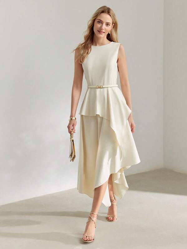 MOTF PREMIUM SOLID PEPLUM WAIST ASYMMETRICAL HEM BELTED LONG DRESS, WOMEN OUTFIT