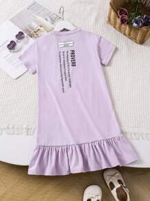 Young Girl Knitted Solid Color Letter Print Loose Casual Dress With Round Neck