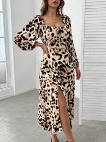 SHEIN Clasi Vestido de manga larga con corte en el dobladillo y detalle de leopardo en el pecho - Marrón - Ver 6