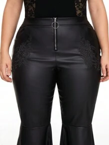 ROMWE Goth 哥德式3D玫瑰&月亮刺繡皮革面料大尺碼女士修身喇叭褲