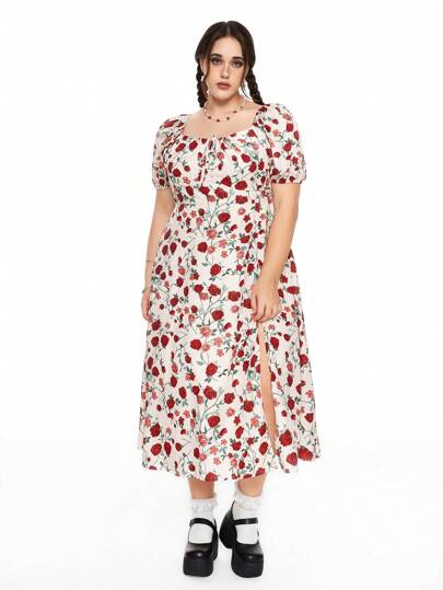 Kawaii فستان ماكسي مقسم للنساء ذوات الأحجام الكبيرة مزخرف بطبعات الورود الريفية الصيفية، مع خصر مشدود