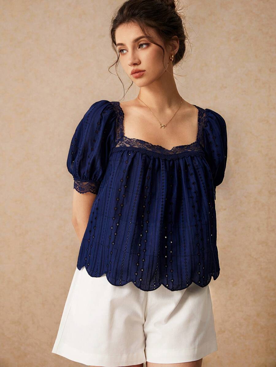 Poéselle Exquisite Floral Embroidery, Square Neck Lace Trim Puff Short Sleeve Scalloped Eyelet Design Blouse, Blue Shirt, Summer Women Dresses, Cute Tops, Women Clothes, Navy Blue Shirt, Homecoming Dresses - Navy Blue - View 1