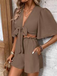 SHEIN LUNE Bộ đồ hai mảnh màu trơn đơn giản dành cho nữ, áo cổ chữ V sâu và quần short, trang phục hàng ngày - màu nâu - Xem 3