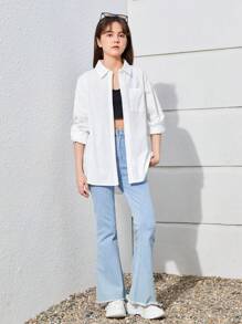 SHEIN Leap Crew Teen Girls Drop Shoulder Button Front Shirt - White - View 6