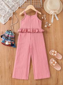 SHEIN 年輕女孩編織純色拼接針織腰帶寬鬆休閒無袖連體褲 - 粉色 - 查看 2