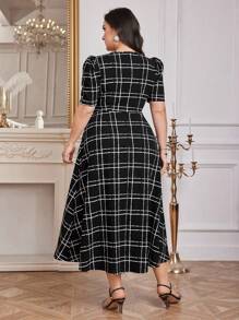 Modelyn Women Belted Black And White Grid Plus Size Dress Long Dress, For Summer