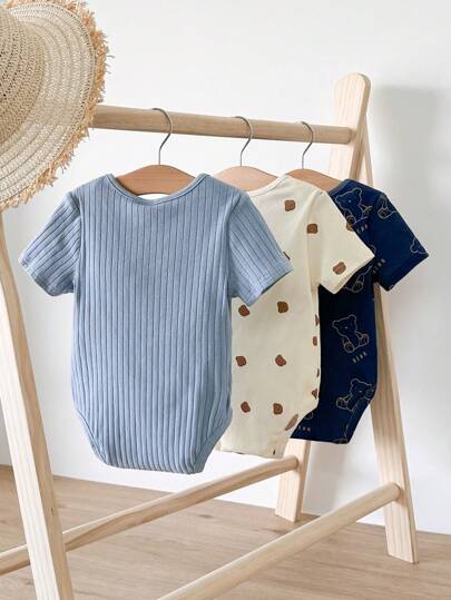 Cozy Pixies Newborn Baby Boy Panda Pattern Knitted Soft Round Neck Short Sleeve Bodysuit Set Of 3