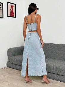 RueChic SLIT DETAIL MAXI DENIM SKIRT AND DENIM BRA SET - Medium Wash - View 2
