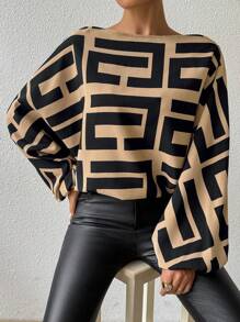 EMERY ROSE 不对称领口几何印花休闲长袖衬衫单肩上衣 - 卡其色 - 查看 4