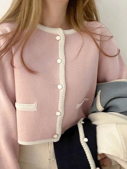 DAZY Cárdigan de mujer ajustado con cuello redondo y bloques de color, para otoño, con mangas largas, ropa de mujer para el otoño