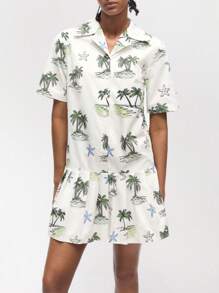 Maija 女式短袖鈕領熱帶植物印花荷葉邊迷你連衣裙