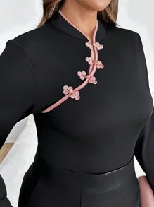 SHEIN Privé 大尺碼女性修身優雅長袖上衣，帶扣裝飾，適用於春夏季節 - 彩色 - 查看 5