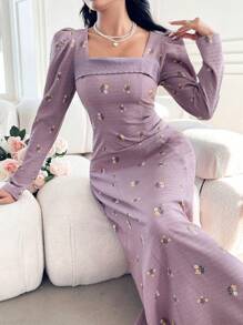 Modelyn Women's Embroidered Decor Minimalist Daily Wear Arabian Modest Dress - Dusty Pink - View 2