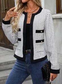 SHEIN Clasi Round Neck Plaid & Printed Elegant Jacket With Open Front And Pockets, Long Sleeve Fall Cloth For Women - Black - View 3