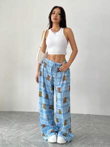 SHEIN EZwear 女士前系带卡通可爱熊全印花休闲裤，日常休闲 - 藍色 - 查看 4