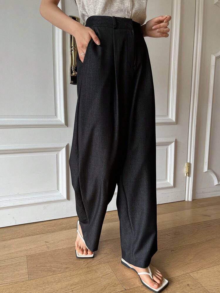 Women's Solid Color Loose Fit Wide-Leg Suit Pants With Hidden Button Business Attire