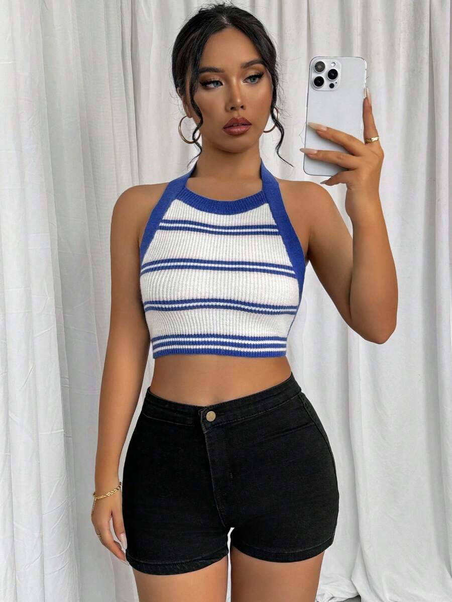 Chiquease Women's Casual Striped Short Cropped Knit Top With Halter - Multicolor - View 1