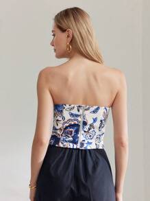 MOTF PREMIUM Top De Tubo Bustier Slim Fit Estampado Plantas - Azul Marino - Ver 4