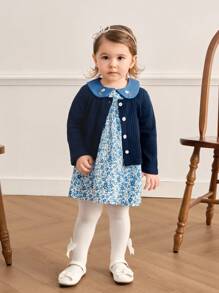 Souflis Souflis 2 件装女婴优雅百搭花卉连衣裙和针织开衫套装 - 藍色 - 查看 5