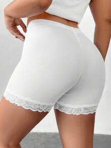 SHEIN EZwear Dành cho nữ cỡ lớn màu đen Ice Silk Vải dệt kim có gân, viền ren màu trơn, quần short đi xe đạp cạp cao thông thường phù hợp cho mọi trận đấu để mặc hàng ngày - trắng - Xem 2