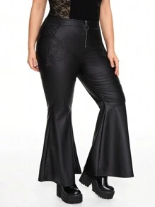 ROMWE Goth 哥德式3D玫瑰&月亮刺繡皮革面料大尺碼女士修身喇叭褲