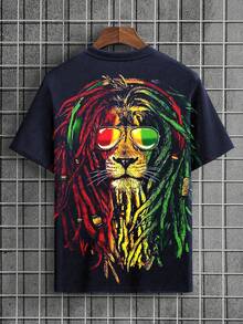 Men's Summer Lion Print Crew Neck Short Sleeve Casual T-Shirt - Navy Blue - View 2