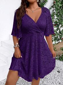 DreamSkyne Vestido de verano elegante de talla grande de unicolor con cintura ajustada de encaje - Morado - Ver 4