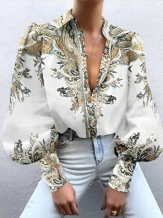 Women's Long Sleeve Printed Shirt With Lapel Collar And Lantern Sleeves