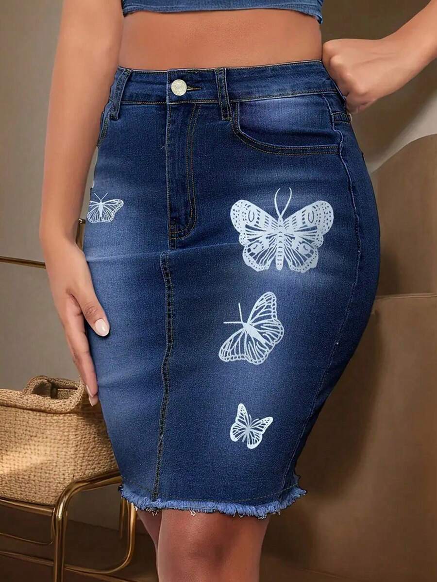 Women's Butterfly Printed Fringe Denim Skirt, Summer - Medium Wash - View 1