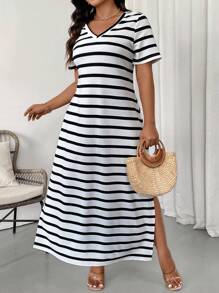 Calvaya Plus Size Sọc Colorblock Side Slit Váy đi nghỉ mát ở bãi biển mùa hè thông thường - Đen và trắng - Xem 1