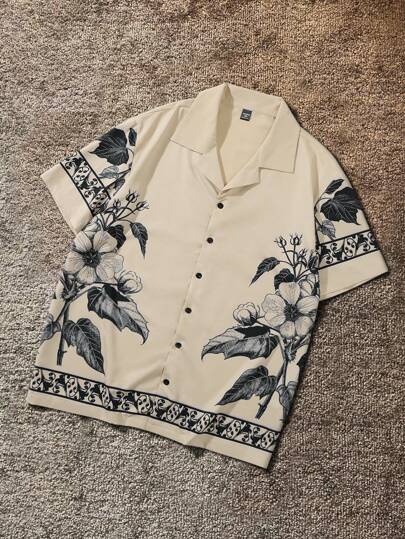 Manfinity RSRT Manfinity Men's Plus Size Simple Printed Short Sleeve Shirt Vintage Shirt, Vacation Fashion Button Shirt