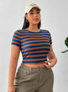 Comfortcana Plus Size Women Colorful Striped Round Neck Short Sleeve T-Shirt, Summer - Multicolor - View 5