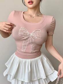 DAZY Women's Valentine's Pink Bow Decor Short Sleeve Tee Cute Tops