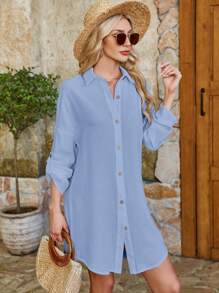 Elva 女士纯色前扣休闲宽松大码衬衫裙，春夏款 - 查看 3