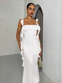 SHEIN BAE Sommerkleid für Frauen mit Spaghettiträgern, offenem Rücken und ausgestelltem Schnitt, geeignet für Urlaub, Abschlussball und Hochzeit - Weiss - Übersicht 3