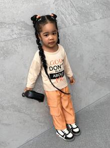 SHEIN 2pcs Baby Girls' Fun Slogan Long Sleeve T-Shirt And Workwear Pants Set, Daily Wear - Orange - View 5