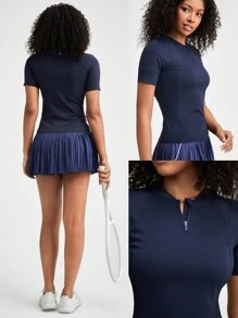 GLOWMODE Game On Stand Collar Mid-Length Sleeve Tee With Mesh Panel Tennis Golf Gym - Navy Blue - View 7