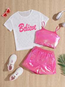 3pcs/Set Tween Girls' Daily Casual Wear - Mesh Knit Short Sleeve Top, Knit Solid Color Camisole Top, Straight Shorts