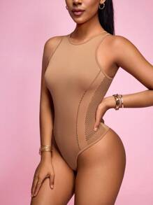 Slayform 女士純色無縫背心連體衣，無袖款 - 卡其色 - 查看 5