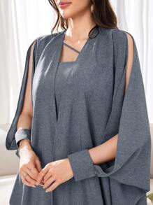 Al Najma Women's Solid Color Simple Daily Long Sleeve Jacket And Dress Two-Piece Set - Dusty Blue - View 11