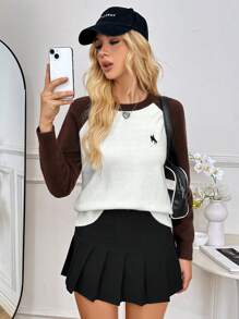 Chiquease Round Neck Long Sleeve Color Block Sweater, Daily Casual Knit Pullover Fall Winter Outfit - Coffee Brown - View 3